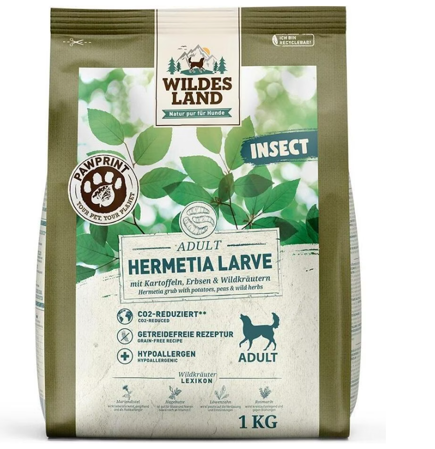 Wildes Land Paw Print Adult Insect, Hermetia Larve mit Kartoffeln, Erbsen und Wildkräutern - Trockenfutter für Hunde (1kg)