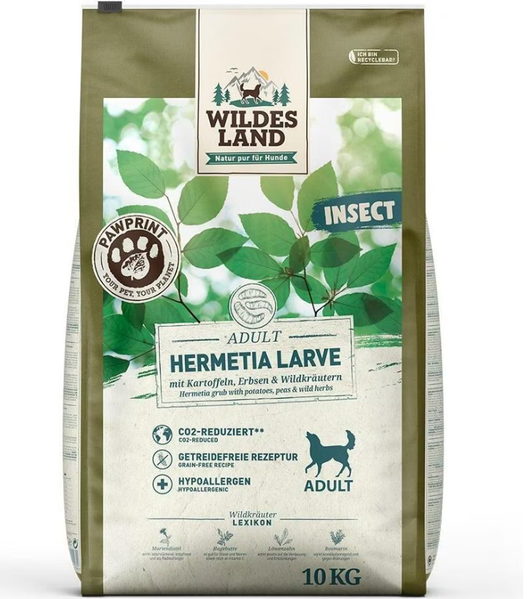 Wildes Land Paw Print Adult Insect, Hermetia Larve mit Kartoffeln, Erbsen und Wildkräutern - Trockenfutter für Hunde (10kg)