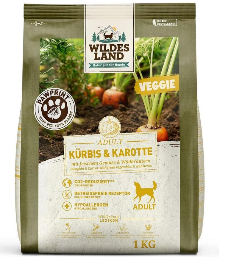 Wildes Land Paw Print Adult Veggie, Kürbis & Karotte mit frischem Gemüse & Wildkräutern - Trockenfutter für Hunde (1kg)