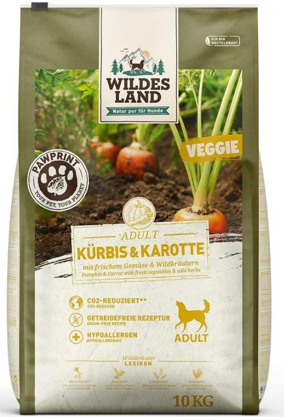 Wildes Land Paw Print Adult Veggie, Kürbis & Karotte mit frischem Gemüse & Wildkräutern - Trockenfutter für Hunde (10kg)