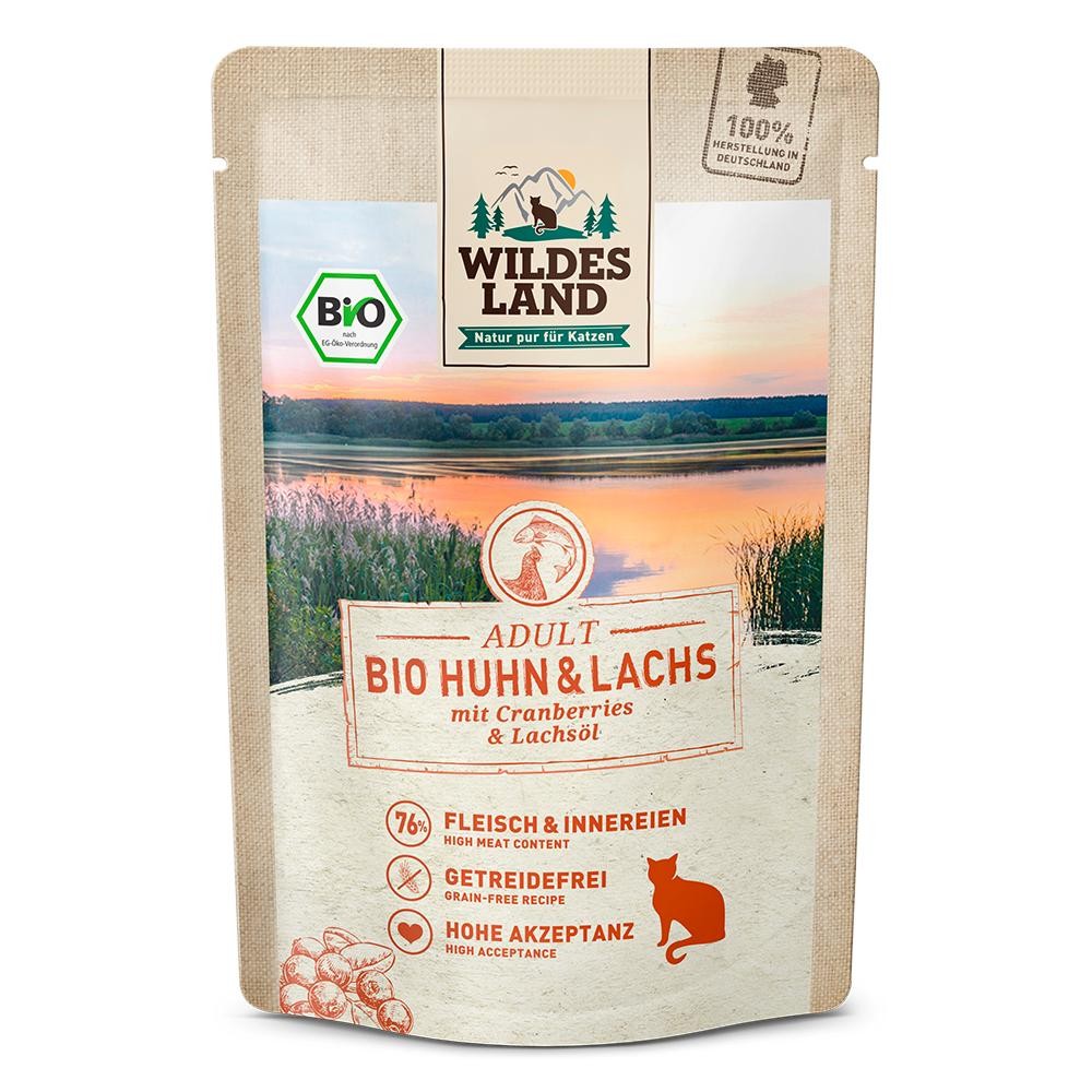 WILDES LAND Adult Bio Huhn & Lachs mit Cranberries & Lachsöl, Nassfutter für Katzen (12x85g)