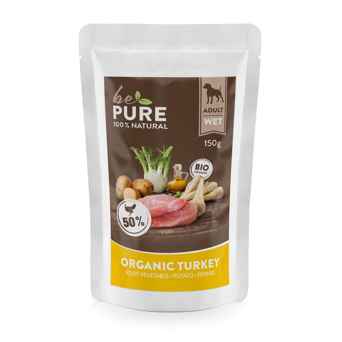 bePure Organic Turkey mit Bio Pute, Wurzelgemüse, Kartoffeln und Fenchel, Nassfutter für Hunde (150g)