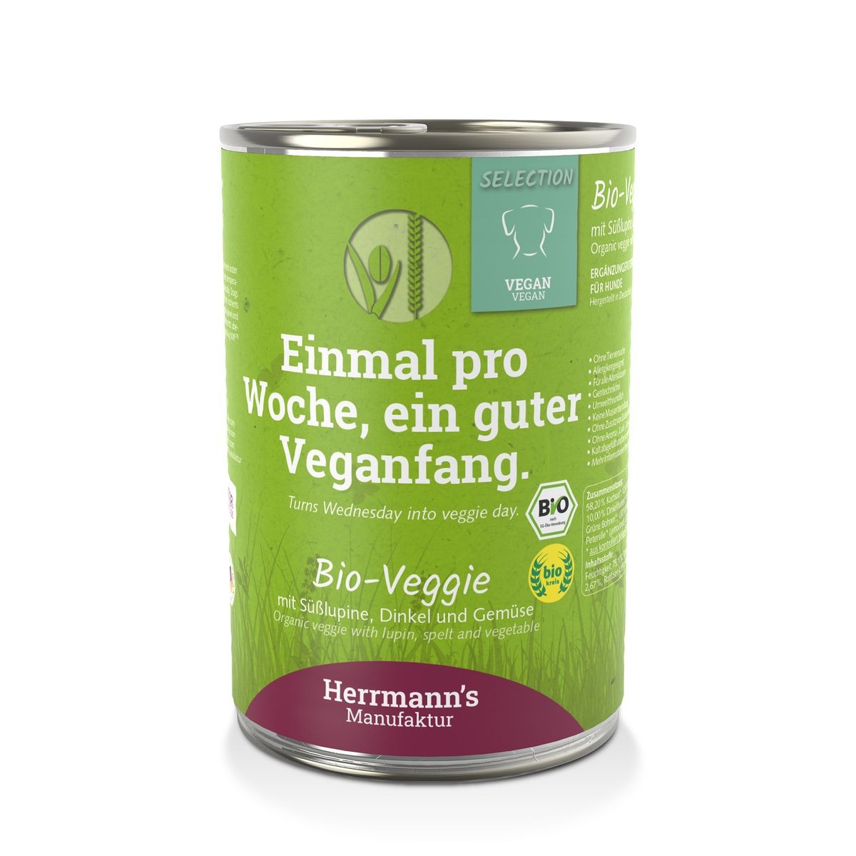 Herrmann's Bio Veggie mit weisser Süsslupine und Dinkel, Nassfutter für Hunde (400g)