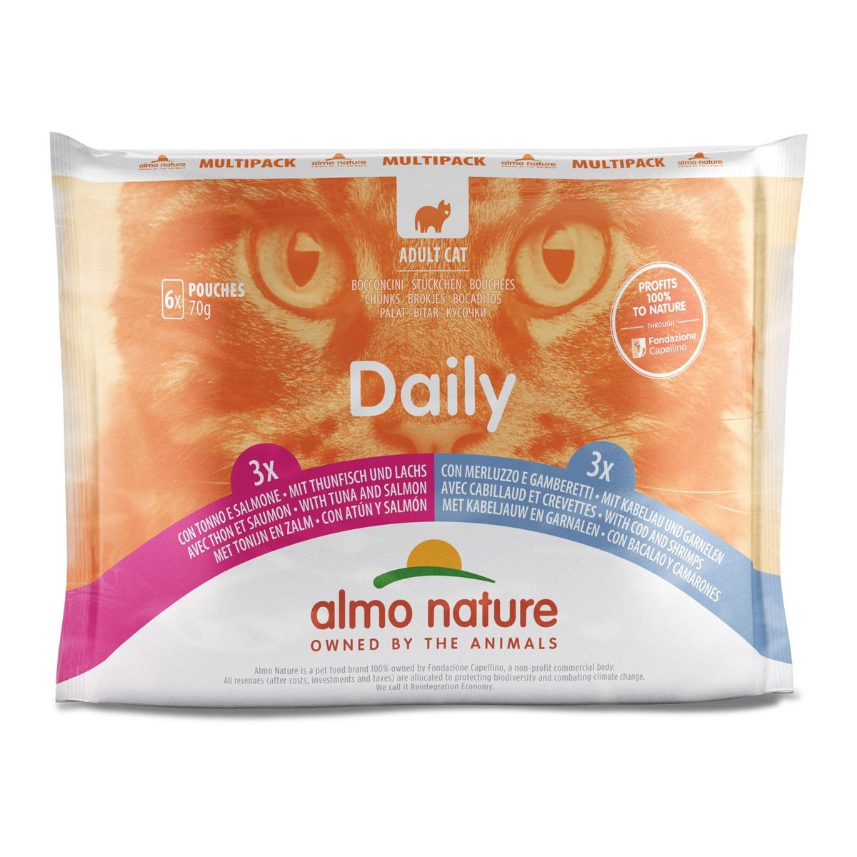 Almo Nature Daily Multipack mit Thunfisch, Lachs, Kabeljau und Shrimps, Nassfutter für Katzen (6x70g)
