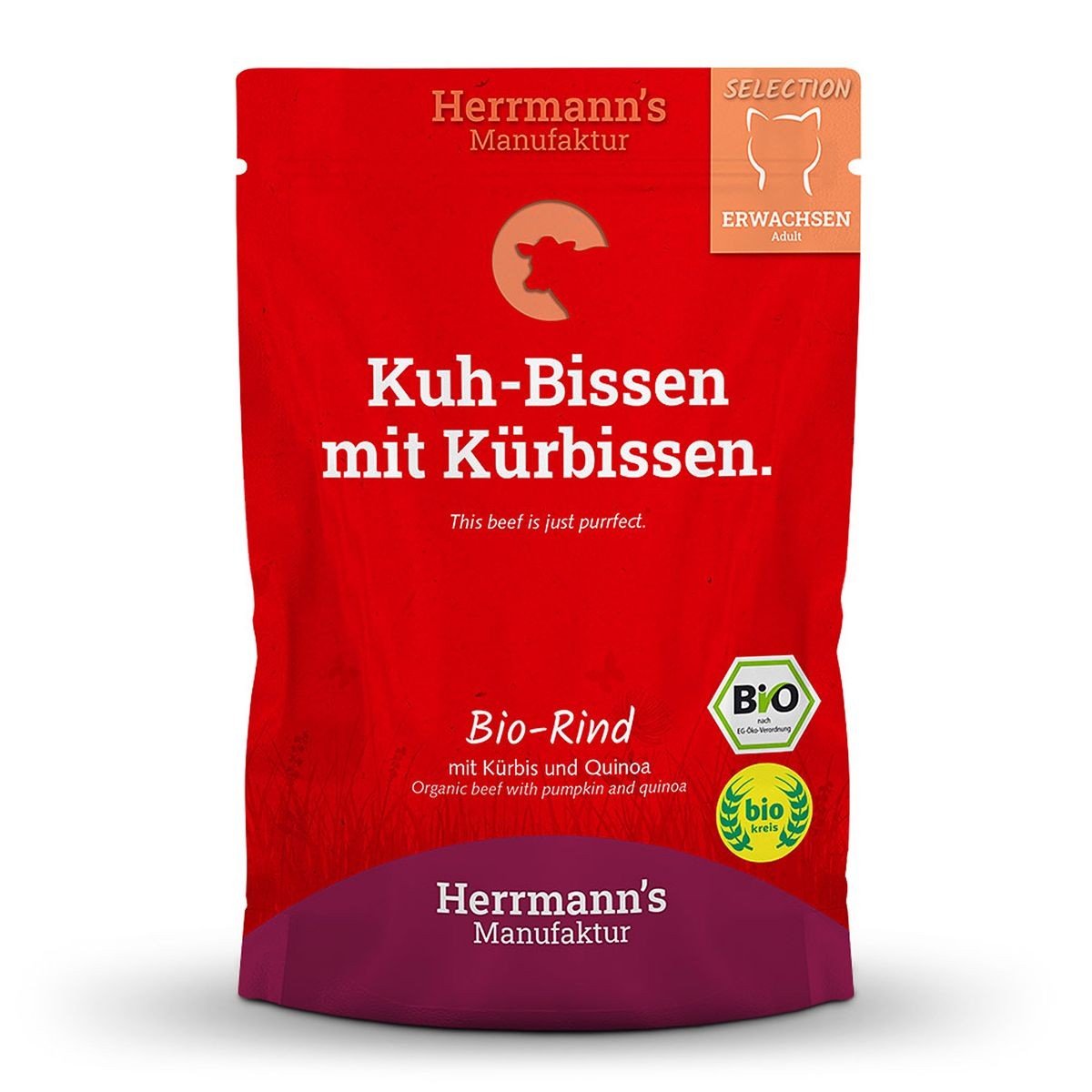 Herrmann's Selection Adult Bio-Rind mit Kürbis und Quinoa, Nassfutter für Katzen (100g)