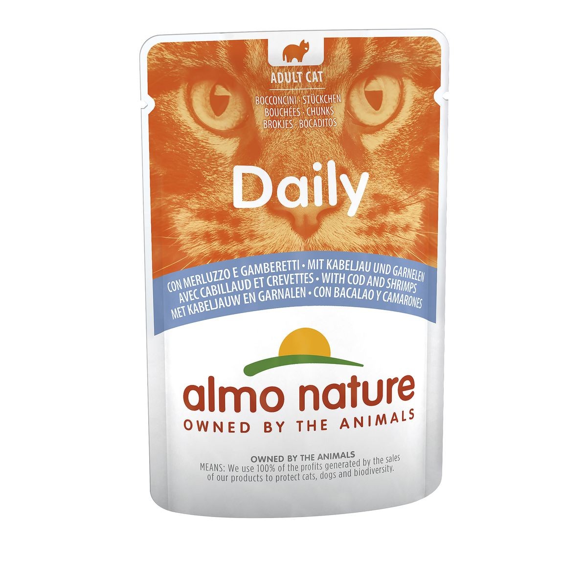 Almo Nature Daily mit Kabeljau und Garnelen, Nassfutter für Katzen (70g)