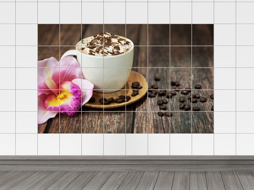 Fliesenaufkleber Fliesenbild Kaffee mit Sahne und Schokolade mit Orchidee