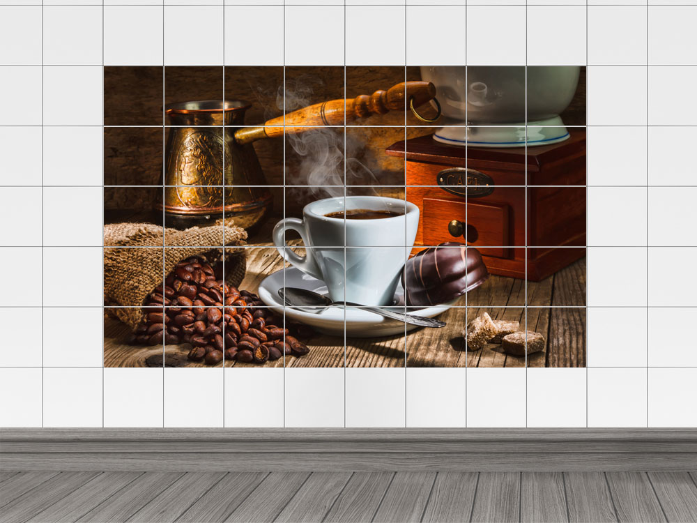 Fliesenaufkleber Fliesenbild Tasse mit Kaffee und Kuchen für Ihre Küche
