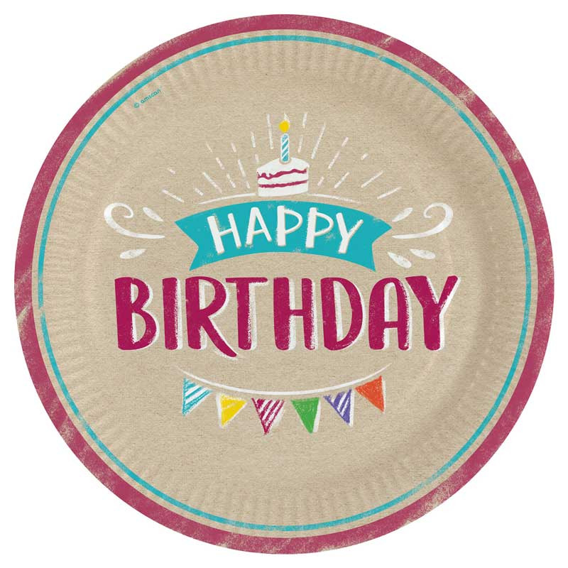 Pappteller Happy Birthday Natur Ø 23 cm, 8 Stück