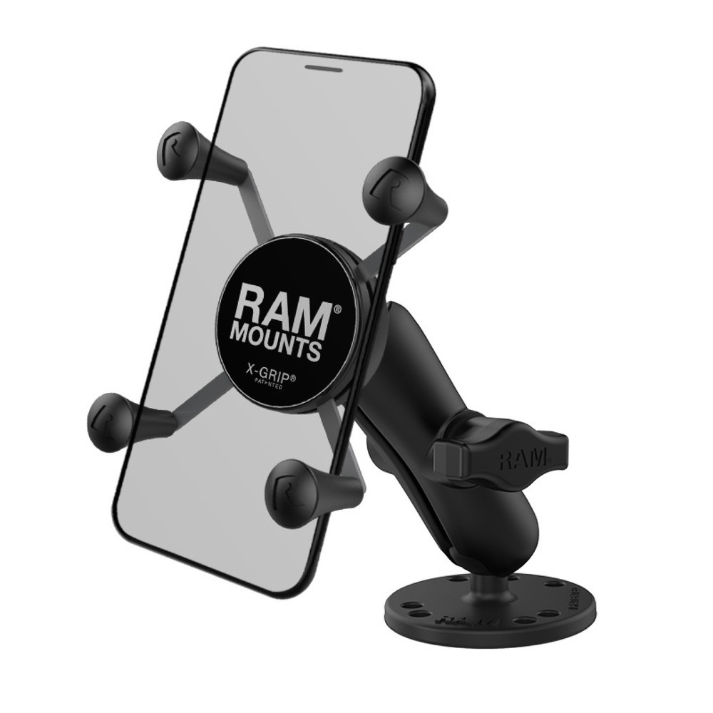 RAM Mounts X-Grip Aufbauhalterung für Smartphones bis 82,6 mm Breite, B-Kugel (1 Zoll), runde Basisplatte (AMPS), mittlerer Verbindungsarm