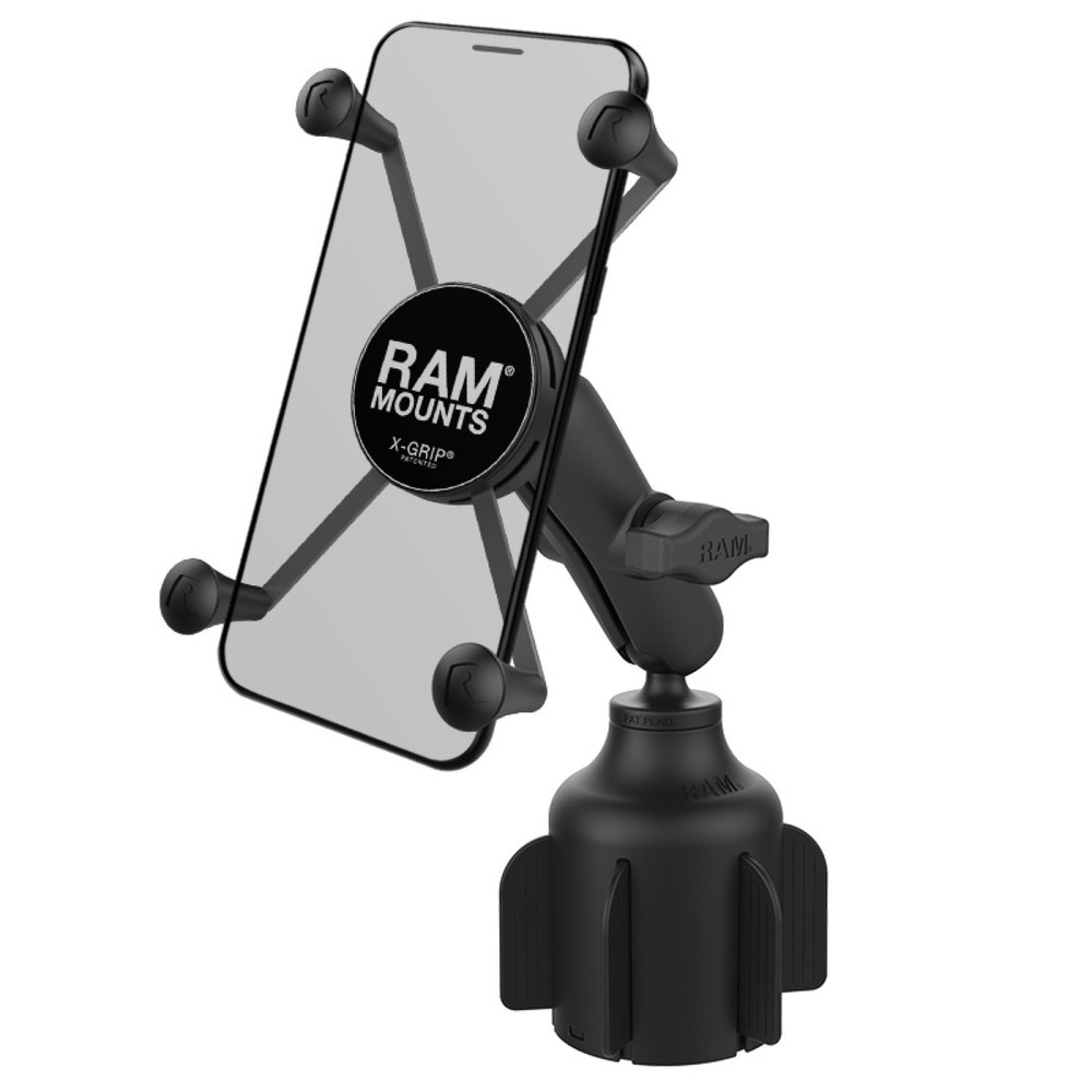 RAM Mounts Fahrzeug-Halterung mit X-Grip Halteklammer für Smartphones bis 114,3 mm Breite, B-Kugel (1 Zoll), Basis für Getränkehalter, mittlerer Verbindungsarm