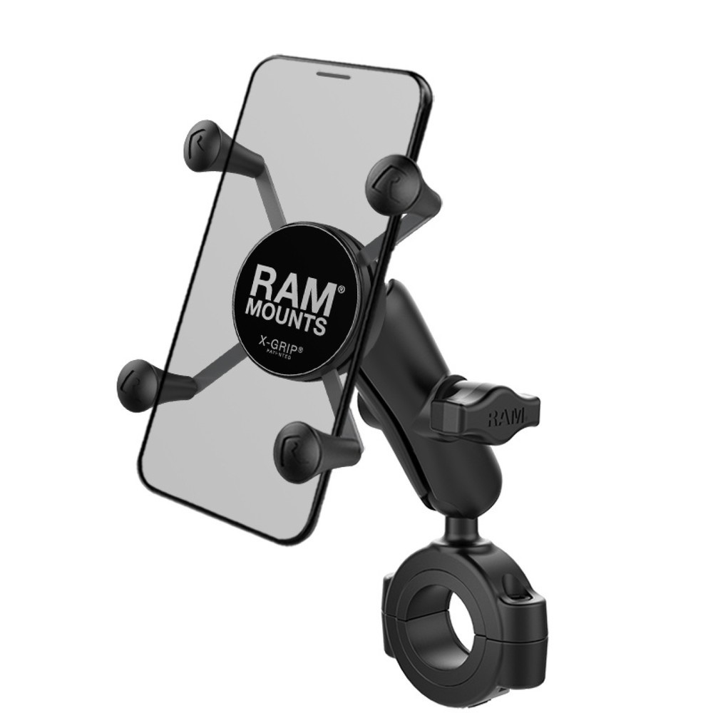 RAM Mounts X-Grip Motorrad-Halterung für Smartphones bis 82,6 mm Breite, B-Kugel (1 Zoll), Torque-Schraubklemme (Durchmesser 28,6-38,1 mm), mittlerer Verbindungsarm