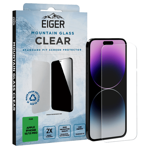 Eiger iPhone 15/15 Pro/16 Clear Display-Schutzglas (Standard Fit)