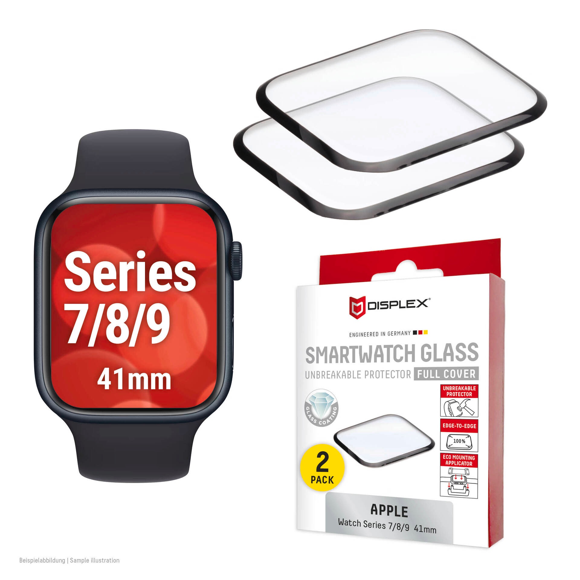 Displex Displayschutzglas »Smartwatch Glass Unbreakable Protector Full Cover« für Apple Watch Series 7 41 mm;Apple Watch Series 8 41 mm;Apple Watch Series 9 41 mm Packung, 2x Acrylglas Protector, Displayschutzfolie, kratz- & stossfest