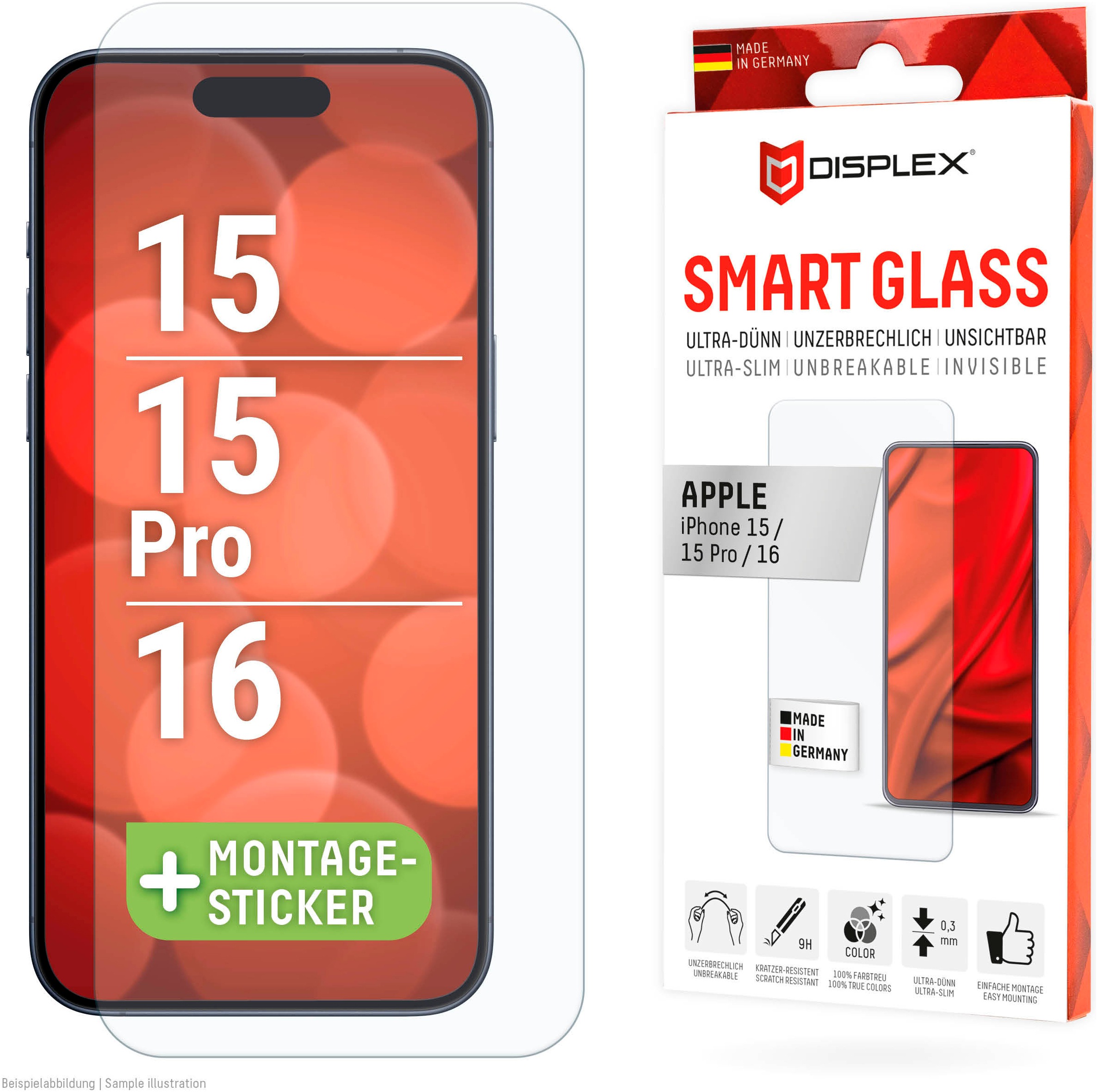Displex Displayschutzglas »Smart Glass Screen Protection« für Apple iPhone 15;Apple iPhone 15 Pro;Apple iPhone 16 Displayschutzfolie, Schutzfolie, Bildschirmschutz, kratz- & stossfest