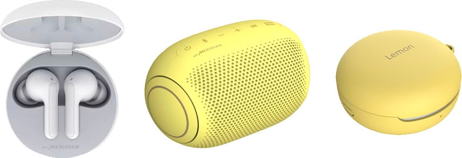 LG In-Ear-Kopfhörer »FN4 Macaron Jellybean Hardbundle«, Bluetooth, Sprachsteuerung-Noise-Reduction-LED Ladestandsanzeige-True Wireless, + Bluetooth-Speaker (UVP 69,99) + Macaron Case (UVP 9,99)