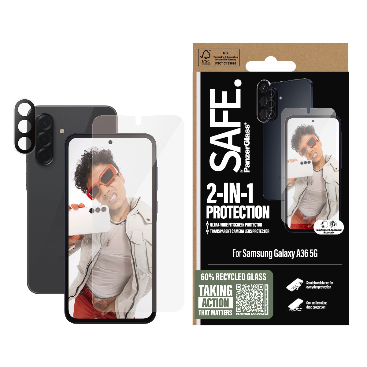 SAFE by PanzerGlass Displayschutzglas »2-in-1 Protection Ultra-Wide Fit Screen + Camera Lens Protection« für Samsung Galaxy A36 5G Displayschutzfolie, Schutzfolie, Bildschirmschutz, kratz- & stossfest