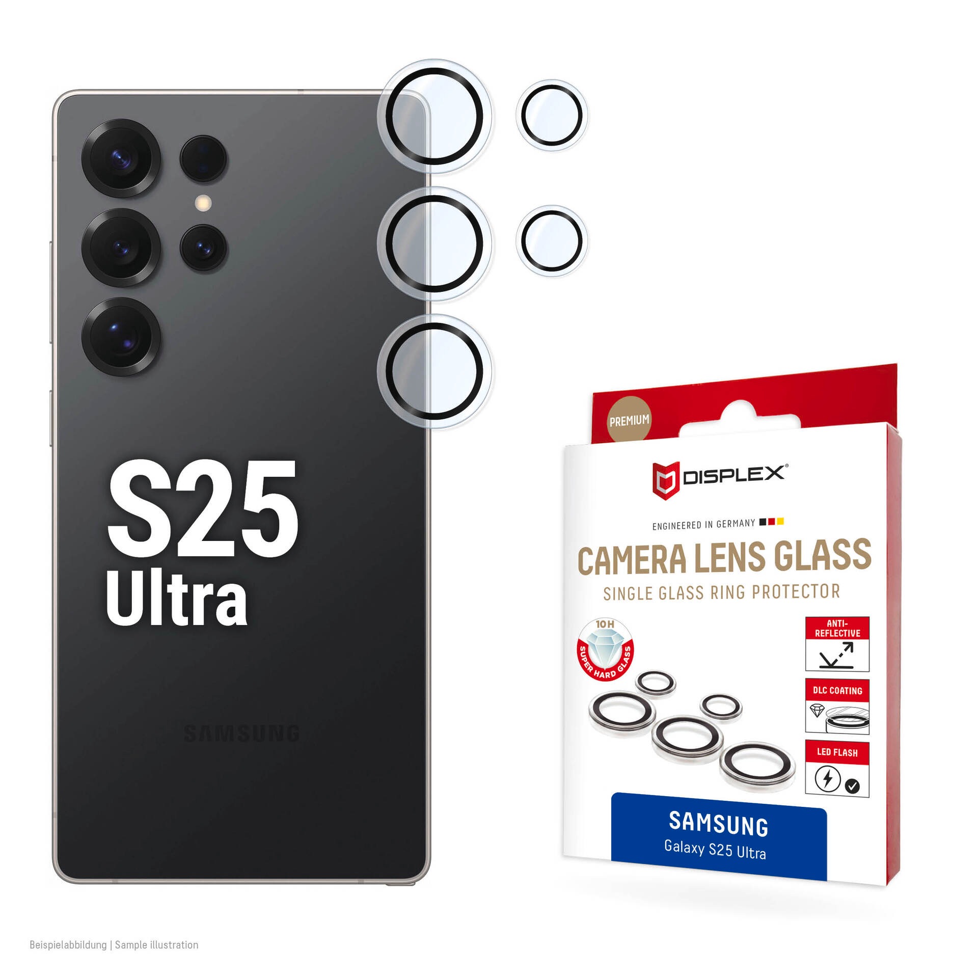 Displex Kameraschutzglas »Camera Lens Glass Single Glass Ring Protector« für Samsung Galaxy S25 Ultra Packung, 2x Einzellinsen-Schutzringe, Objektivschutz, Kameraschutz, kratz- & stossfest