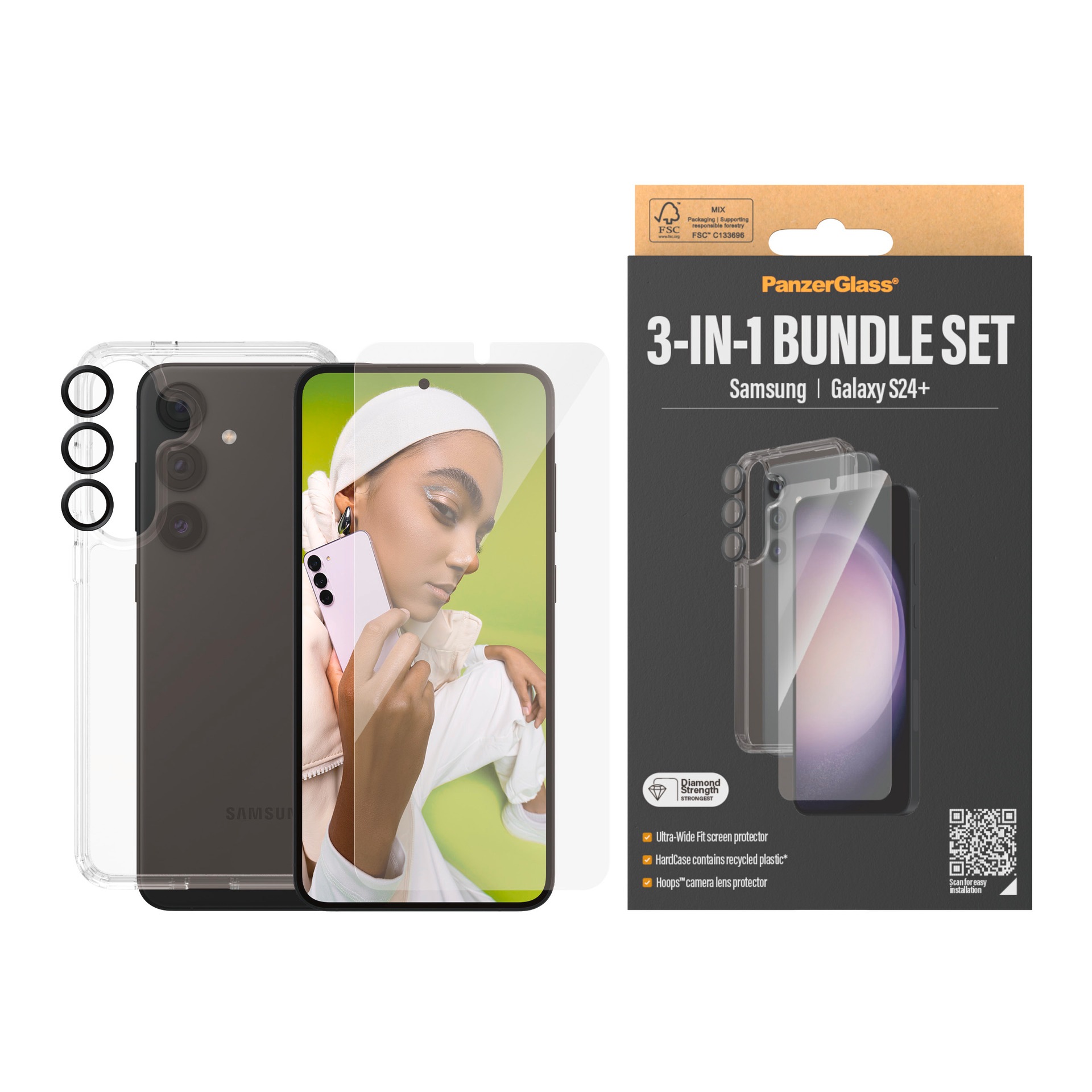PanzerGlass Displayschutzglas »3-in-1 Bundle Set« für Samsung Galaxy S24 Plus Set, Screen Protector, Hardcover, Camera Hoops, 3 Stk. tlg. Displayschutzfolie, Schutzfolie, Bildschirmschutz, kratz- & stossfest