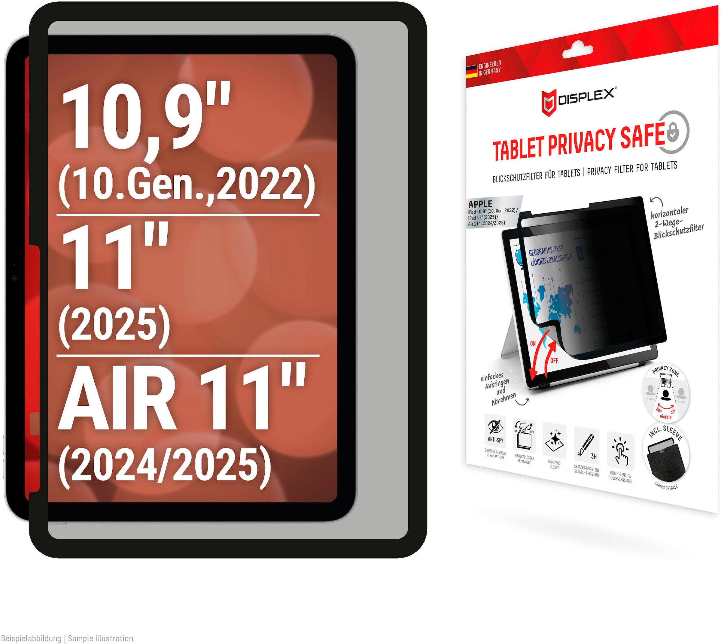 Displex Displayschutzfolie »Tablet Privacy Safe« für Apple iPad 10,9' (10. Gen., 2022);Apple iPad 11' (2025);Apple iPad Air 11' (2024/2025) Blickschutzfolie, Schutzfolie, Bildschirmschutz, kratz- & stossfest