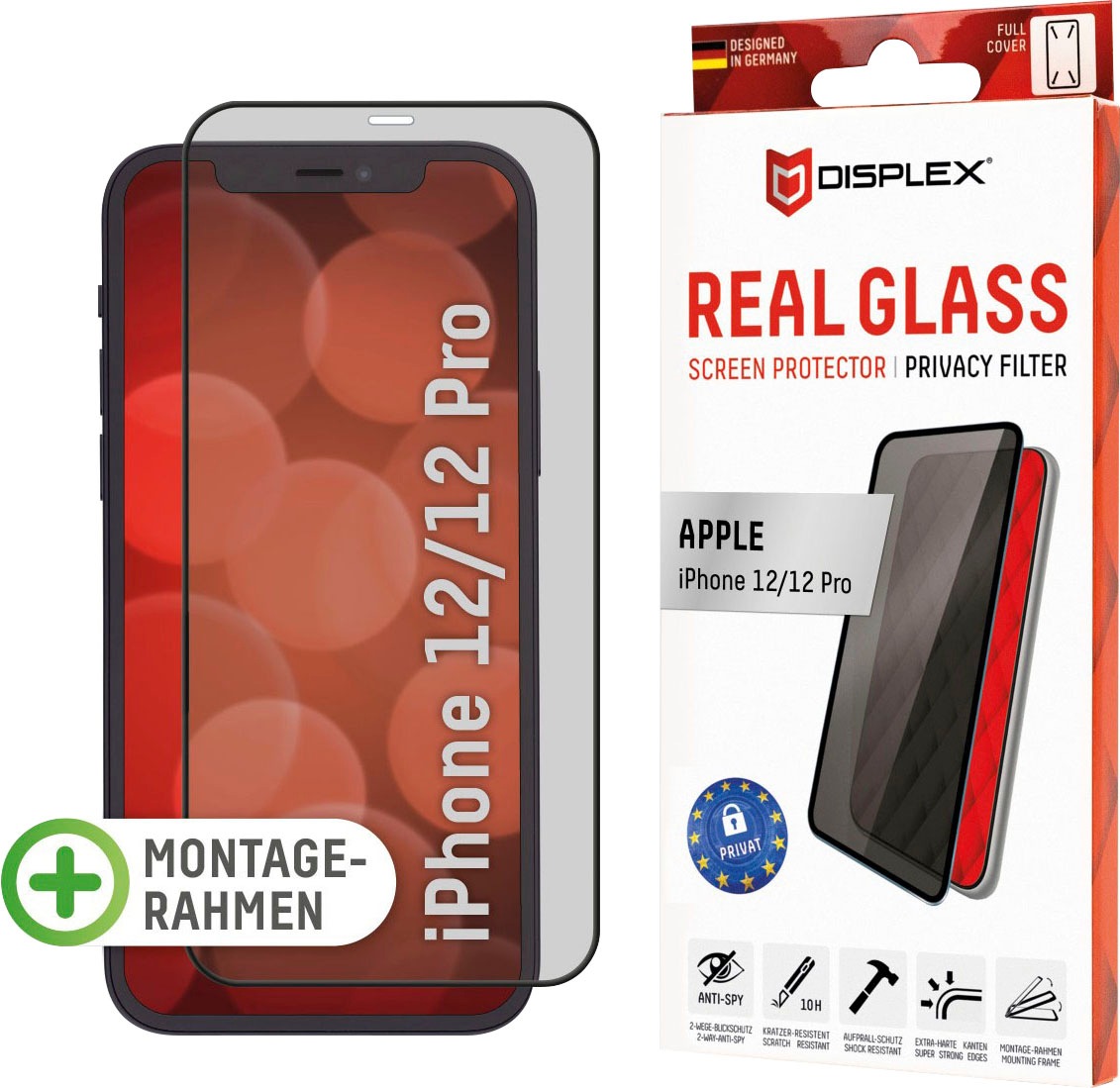 Displex Displayschutzglas »DISPLEX Privacy Glass Panzerglas für Apple iPhone 12/12 Pro (6,1'), 10H Tempered Glass, mit Montagerahmen, Full Cover«, für Apple iPhone 12-Apple iPhone 12 Pro
