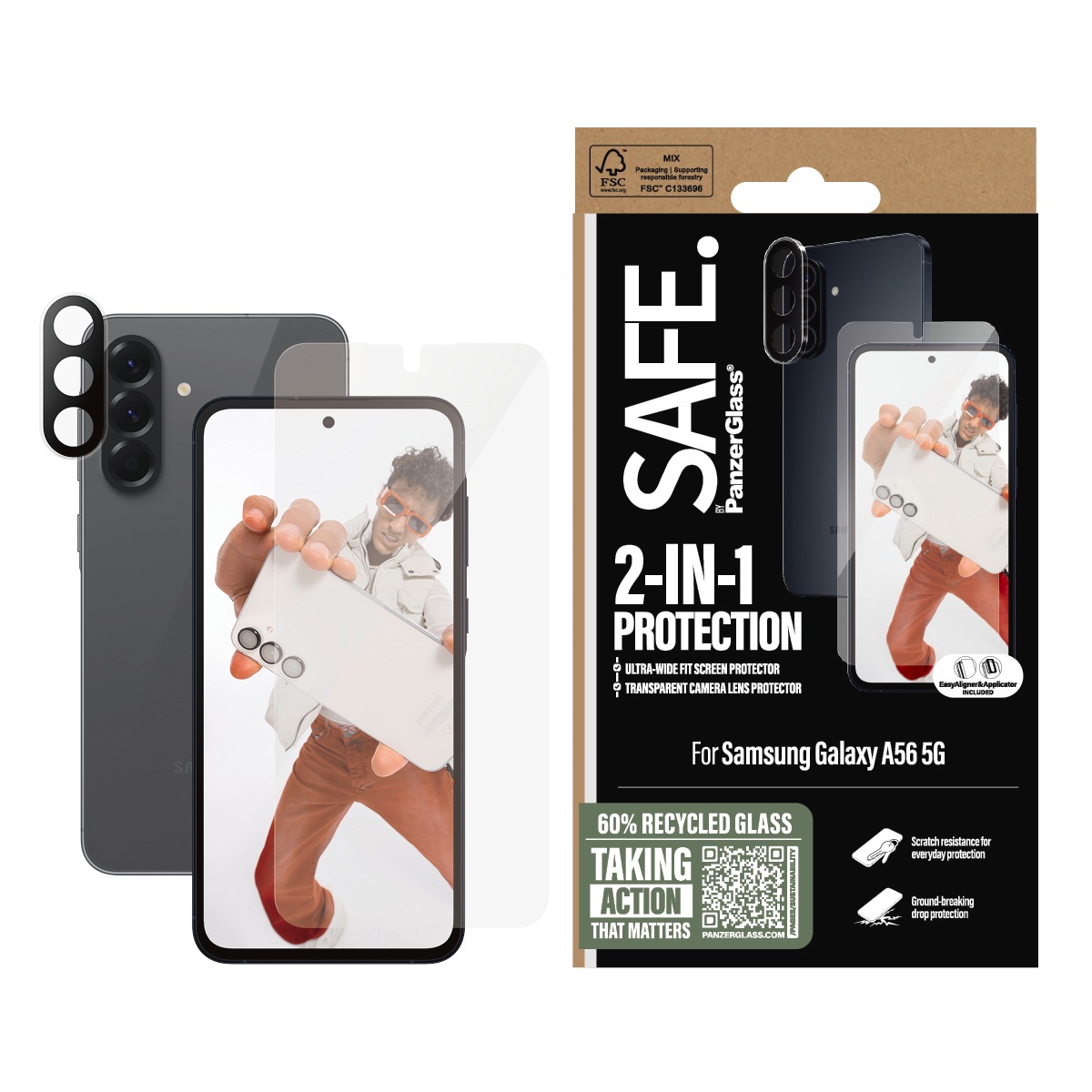 SAFE by PanzerGlass Displayschutzglas »2-in-1 Protection Ultra-Wide Fit Screen + Camera Lens Protection« für Samsung Galaxy A56 5G Displayschutzfolie, Schutzfolie, Bildschirmschutz, kratz- & stossfest