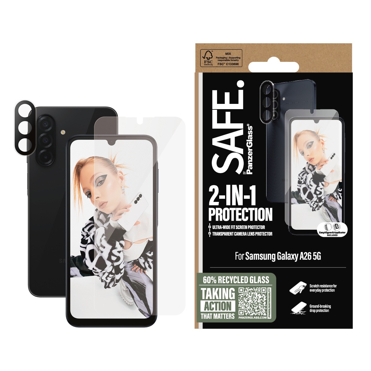 SAFE by PanzerGlass Displayschutzglas »2-in-1 Protection Ultra-Wide Fit Screen + Camera Lens Protection« für Samsung Galaxy A26 5G Displayschutzfolie, Schutzfolie, Bildschirmschutz, kratz- & stossfest