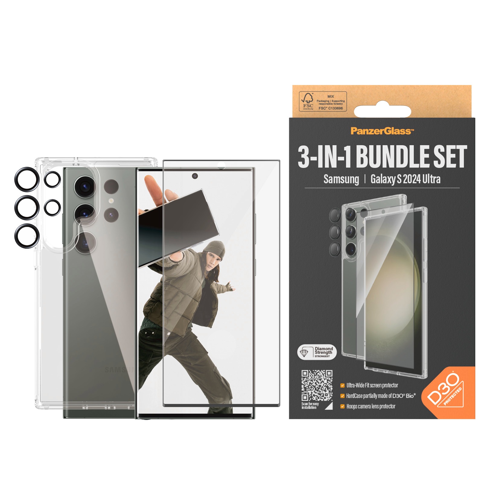 PanzerGlass Displayschutzglas »3-in-1 Bundle Set Screen Protector, Case und Camera Lens Protector« für Samsung Galaxy S24 Ultra Displayschutzfolie, Backcover, Lens Cover, Rundumschutz