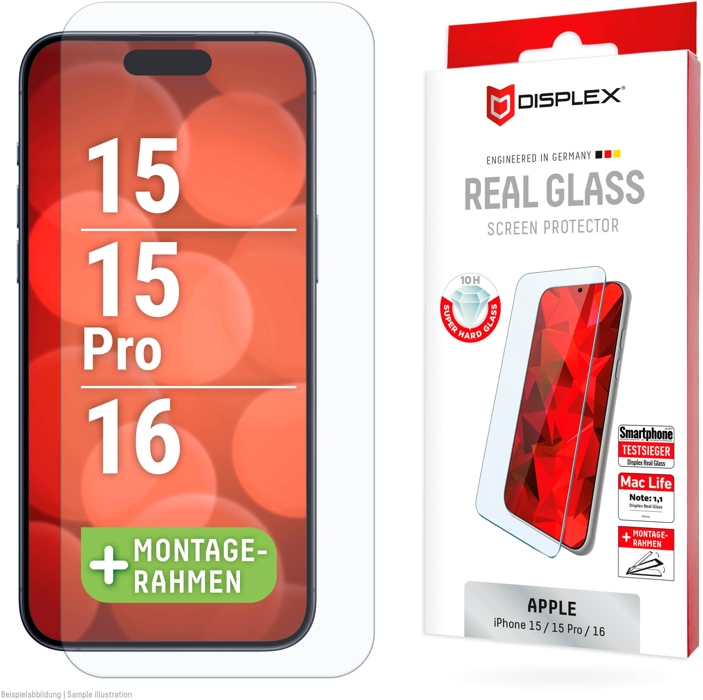 Displex Displayschutzglas »Real Glass Screen Protection« für Apple iPhone 16;Apple iPhone 15;Apple iPhone 15 Pro Displayschutzfolie, Schutzfolie, Bildschirmschutz, kratz- & stossfest