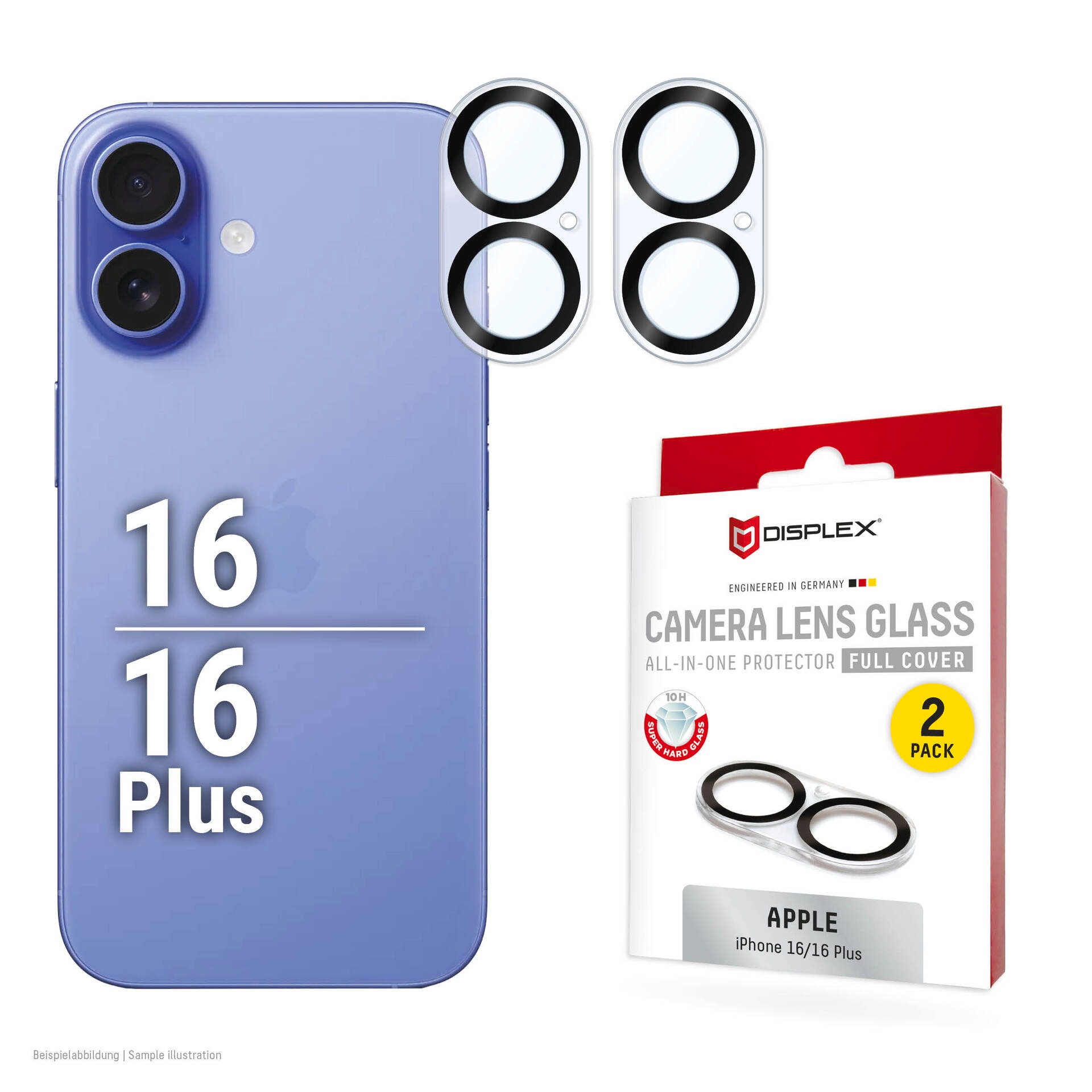 Displex Kameraschutzglas »Camera Lens Glass All-In-One Protector Full Cover« für Apple iPhone 16;Apple iPhone 16 Plus Packung, 2x All-In-One Glas, Objektivschutz, Kameraschutz, kratz- & stossfest