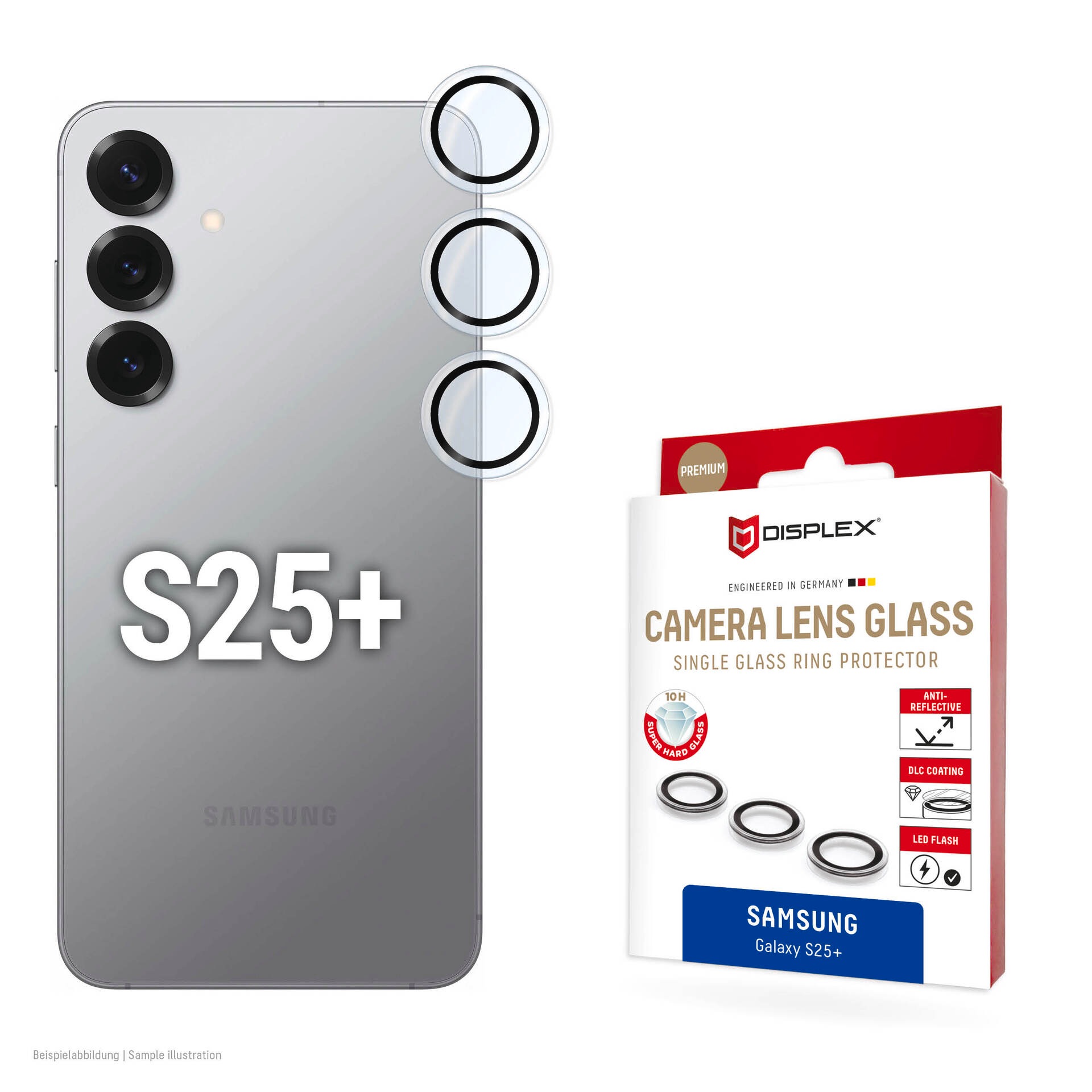 Displex Kameraschutzglas »Camera Lens Glass Single Glass Ring Protector« für Samsung Galaxy S25+ Packung, 2x Einzellinsen-Schutzringe, Objektivschutz, Kameraschutz, kratz- & stossfest