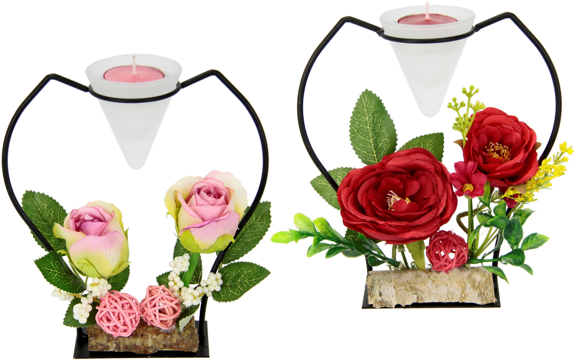 I.GE.A. Teelichthalter »Rose«, (Set, 2 St.), Aus Metall, mit Glaseinsatz, Teelichtkerze und Kunstblumen Kerzenständer Kerzenhalter Tischdeko Kerzen Advent Muttertag Valentinstag Hochzeit Hochzeitsdeko Windlicht
