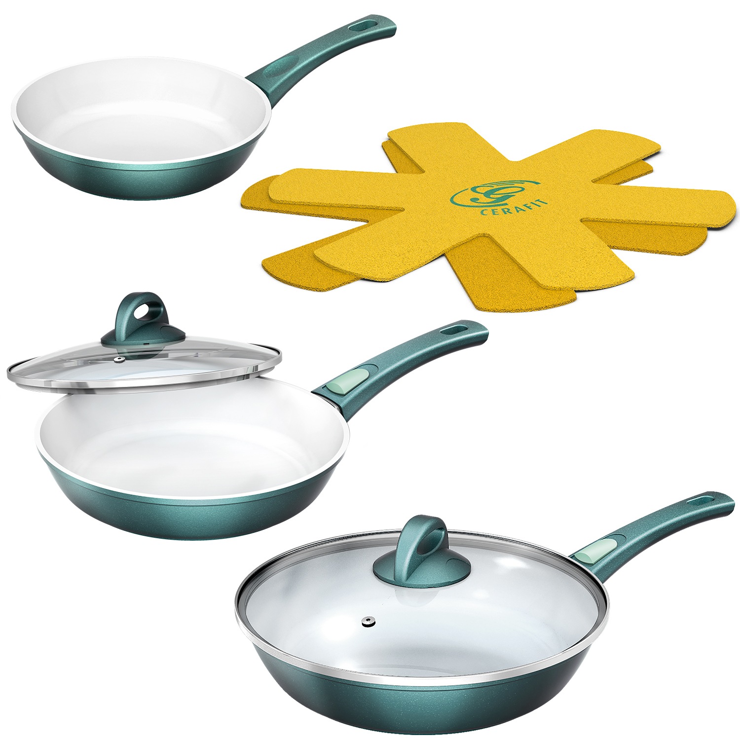 Genius Pfannen-Set »Cerafit Fusion«, Set, 7 tlg., 1x Pfanne (Ø 24 cm, Griff abnehmbar) 1x Glasdeckel (Ø 24 cm) 1x Pfanne (Ø 28 cm, Griff abnehmbar) 1x Glasdeckel (Ø 28 cm) 1x Pfanne (Ø 20 cm, Griff fest) 2x Vlies-Einleger