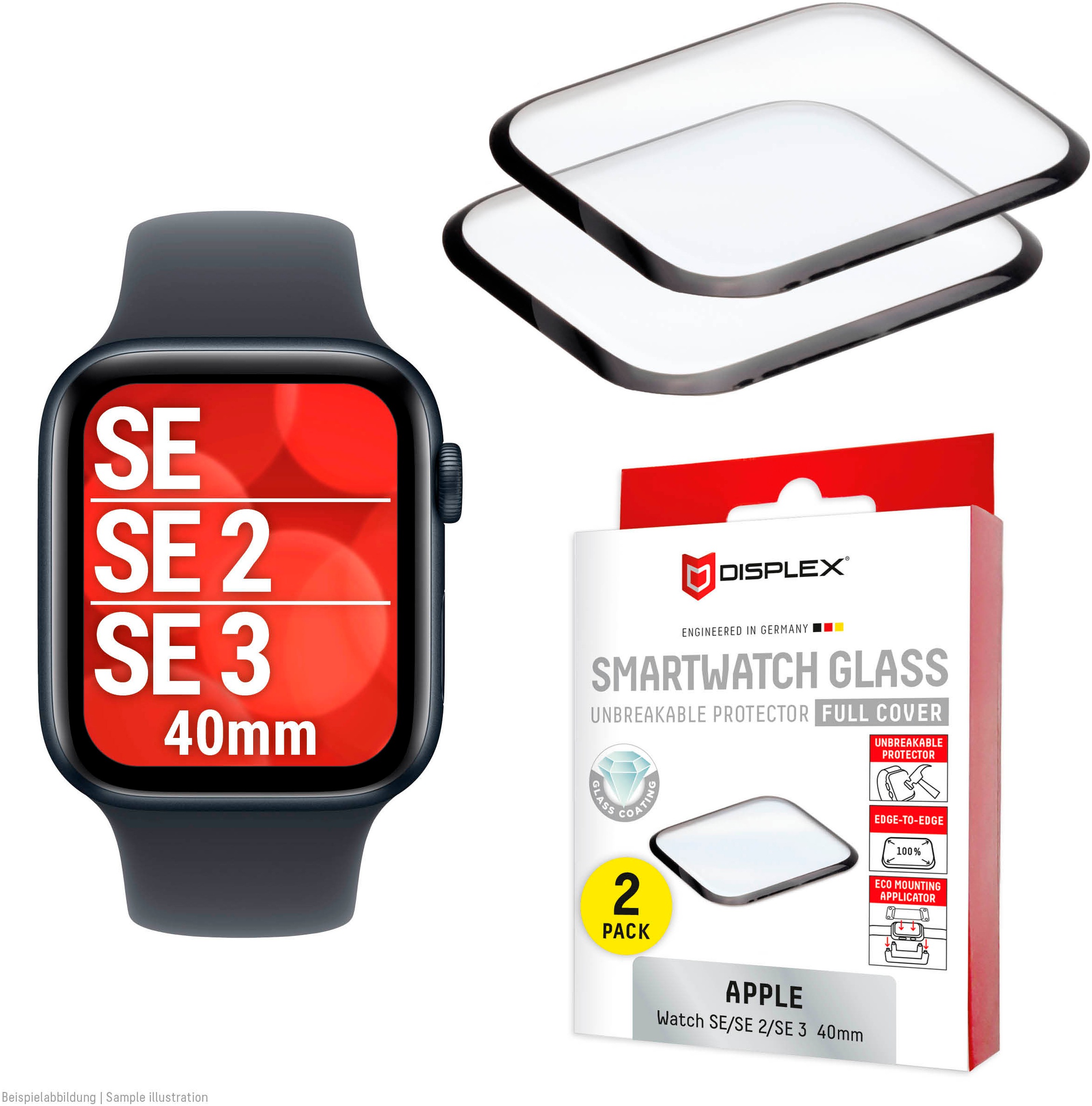Displex Displayschutzglas »Smartwatch Glass Unbreakable Protector Full Cover« für Apple Watch SE 40 mm;Apple Watch SE 2 40 mm;Apple Watch SE 3 40 mm Packung, 2x Acrylglas Protector, Displayschutzfolie, Bildschirmschutz, kratz- & stossfest