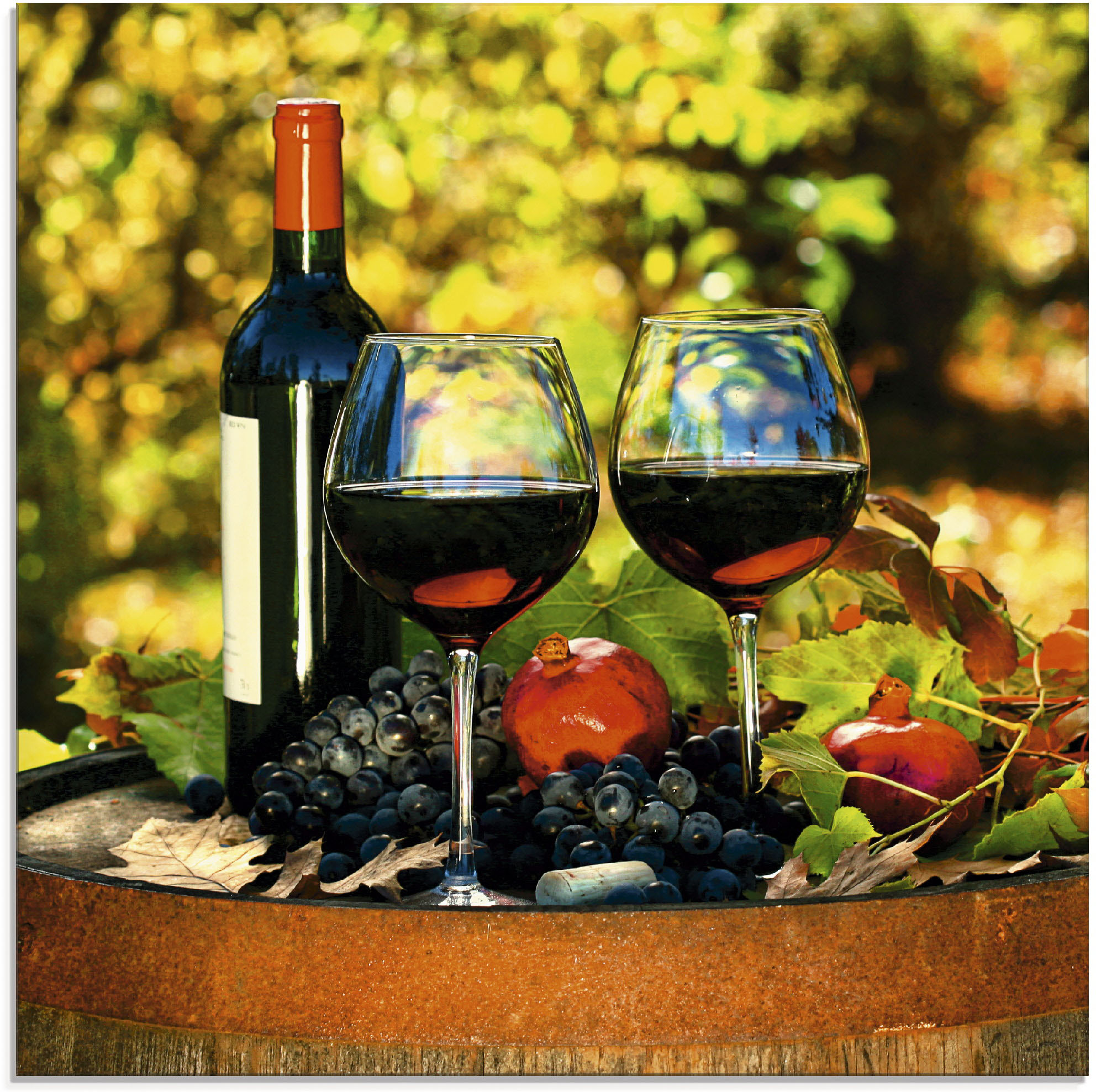 Artland Glasbild »Gläser Rotwein auf altem Fass«