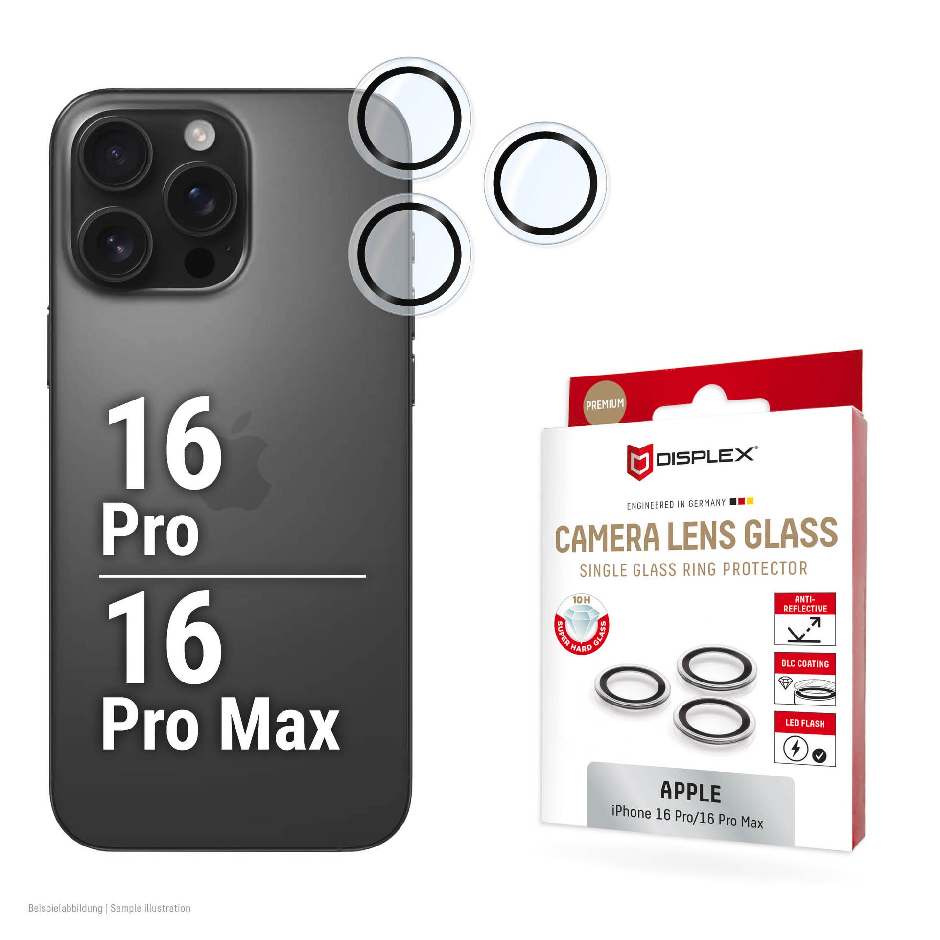 Displex Kameraschutzglas »Camera Lens Glass Single Glass Ring Protector«, für Apple iPhone 16 Pro-Apple iPhone 16 Pro Max, (Packung, 2x Einzellinsen-Schutzringe), Objektivschutz, Kameraschutz, kratz- & stossfest