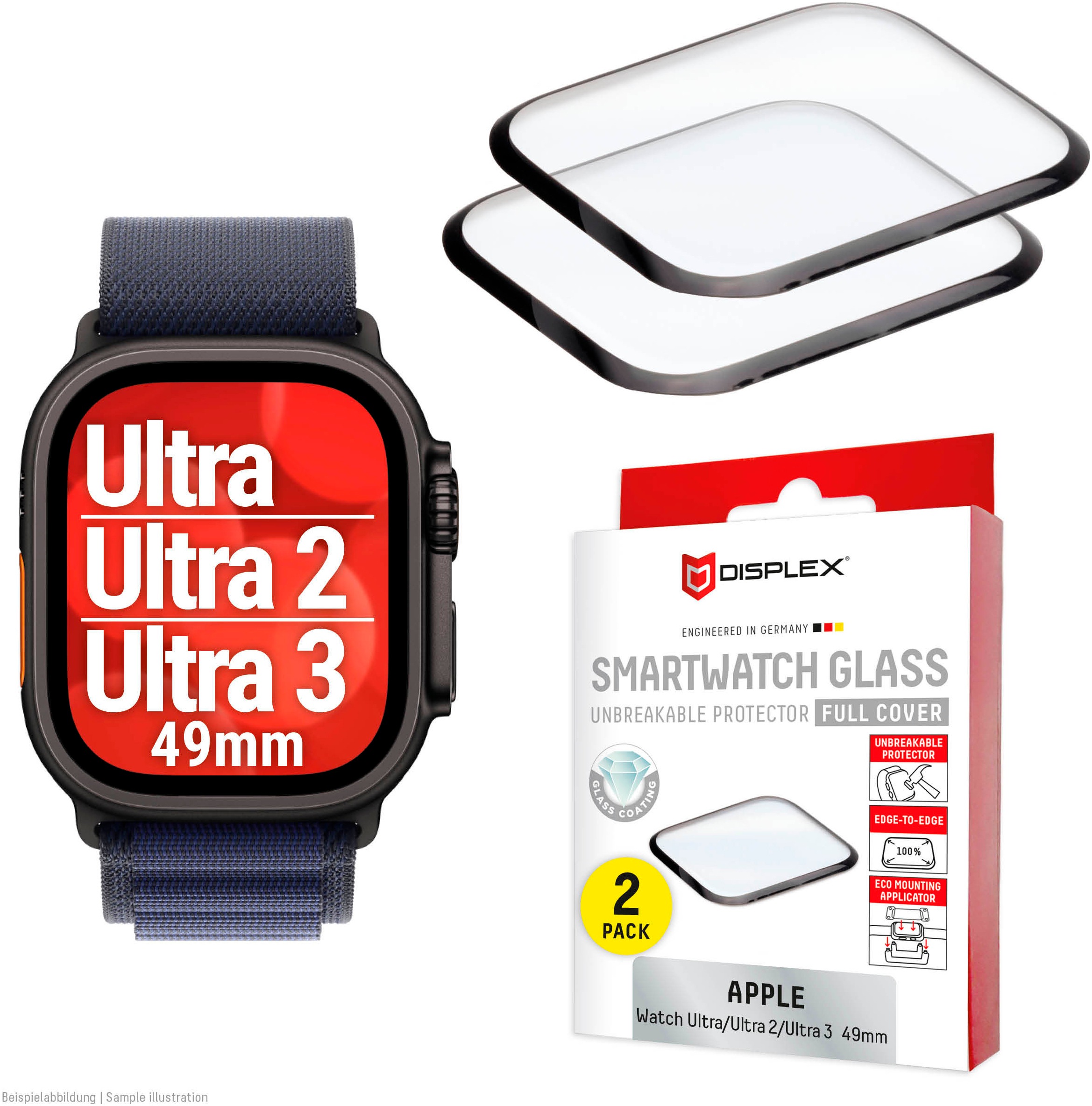 Displex Displayschutzglas »Smartwatch Glass Unbreakable Protector Full Cover« für Apple Watch Ultra 49 mm;Apple Watch Ultra 2 49 mm;Apple Watch Ultra 3 49 mm Packung, 2x Acrylglas Protector, Displayschutzfolie, kratz- & stossfest
