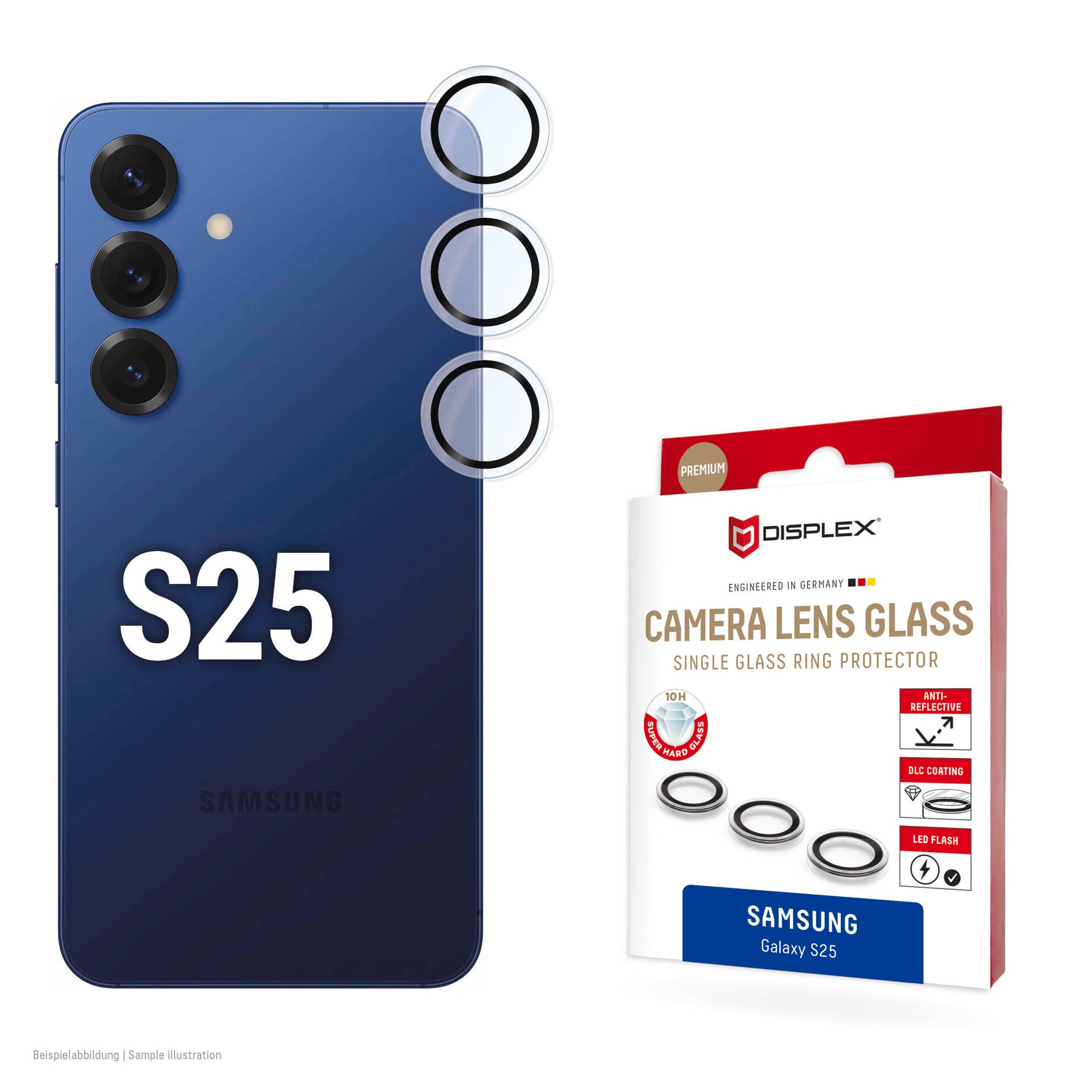 Displex Kameraschutzglas »Camera Lens Glass Single Glass Ring Protector« für Samsung Galaxy S25 Packung, 2x Einzellinsen-Schutzringe, Objektivschutz, Kameraschutz, kratz- & stossfest