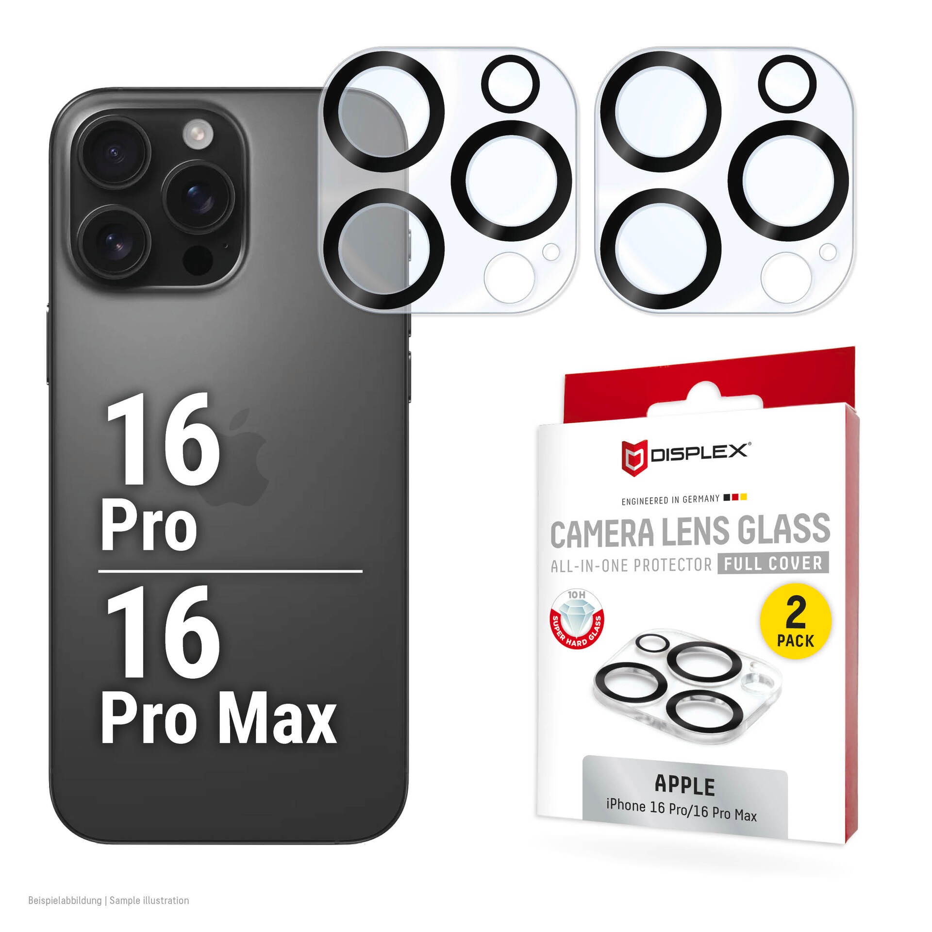 Displex Kameraschutzglas »Camera Lens Glass All-In-One Protector Full Cover« für Apple iPhone 16 Pro, Apple iPhone 16 Pro Max Packung, 2x All-In-One Glas, Objektivschutz, Kameraschutz, kratz- & stossfest