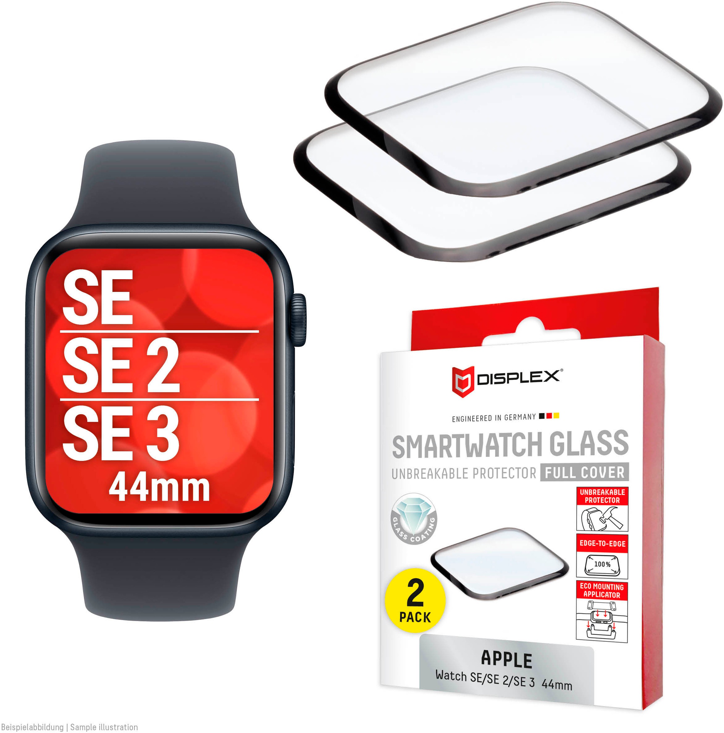 Displex Displayschutzglas »Smartwatch Glass Unbreakable Protector Full Cover« für Apple Watch SE 44 mm;Apple Watch SE 2 44 mm;Apple Watch SE 3 44 mm Packung, 2x Acrylglas Protector, Displayschutzfolie, kratz- & stossfest