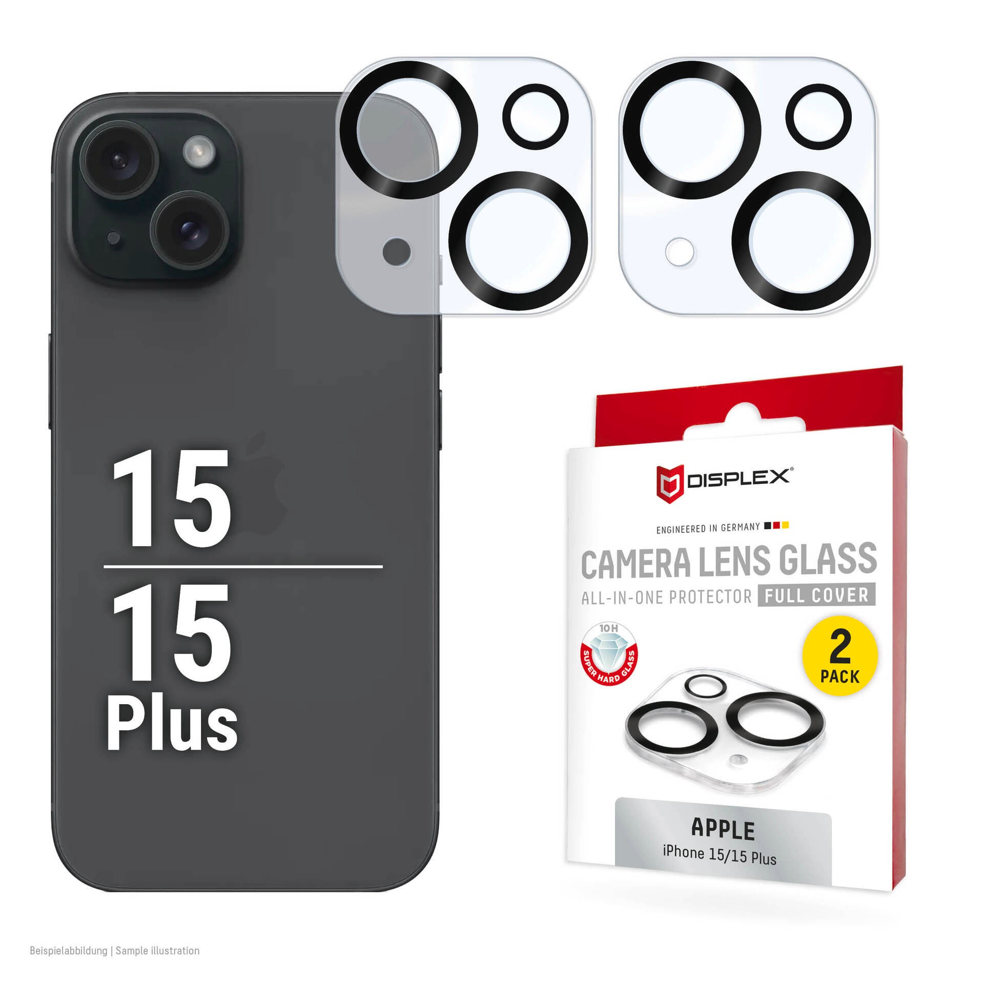 Displex Kameraschutzglas »Camera Lens Glass All-In-One Protector Full Cover« für Apple iPhone 15;Apple iPhone 15 Plus Packung, 2x All-In-One Glas, Objektivschutz, Kameraschutz, kratz- & stossfest
