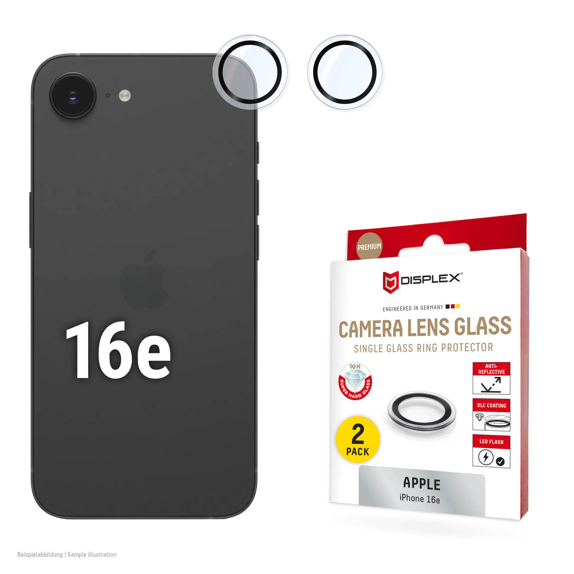 Displex Kameraschutzglas »Camera Lens Glass Single Glass Ring Protector« für Apple iPhone 16e Packung, 2x Einzellinsen-Schutzringe, Objektivschutz, Kameraschutz, kratz- & stossfest
