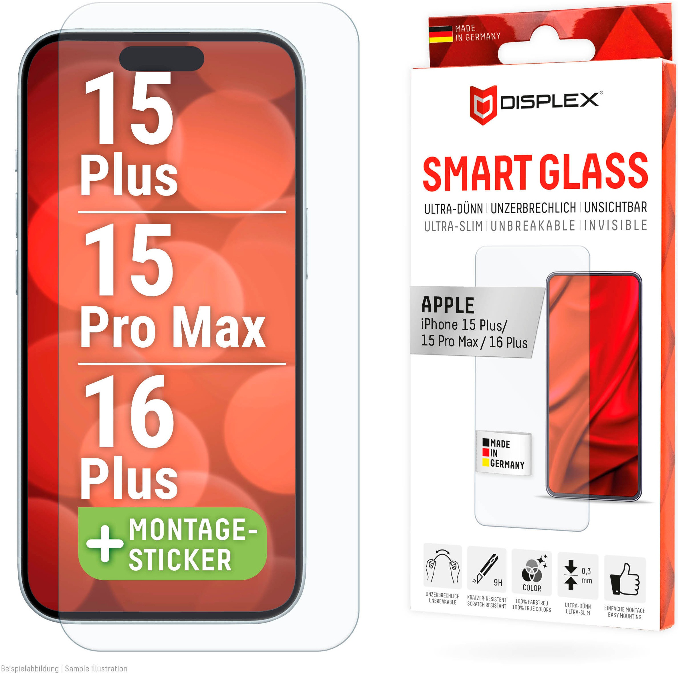 Displex Displayschutzglas »Smart Glass Screen Protection« für Apple iPhone 16 Plus;Apple iPhone 15 Plus;Apple iPhone 15 Pro Max Displayschutzfolie, Schutzfolie, Bildschirmschutz, kratz- & stossfest
