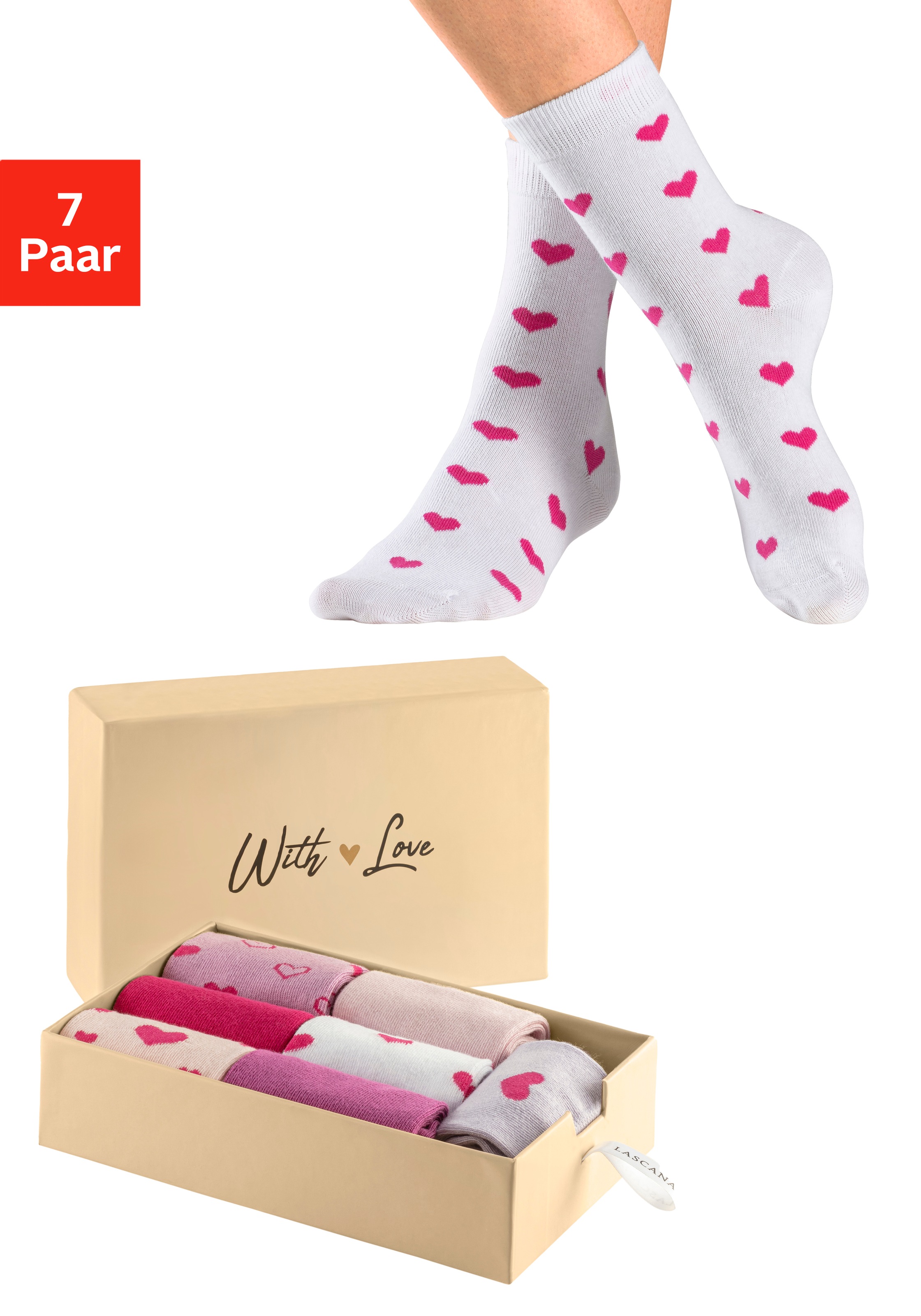 LASCANA Basicsocken, (Box, 7 Paar), in Geschenkbox für den Valentinstag