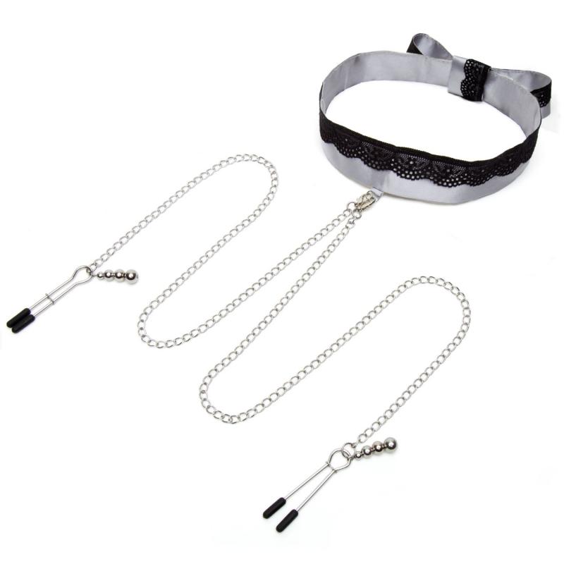 Fifty Shades Of Grey - Satin-Halsband mit Brustwarzenklemmen