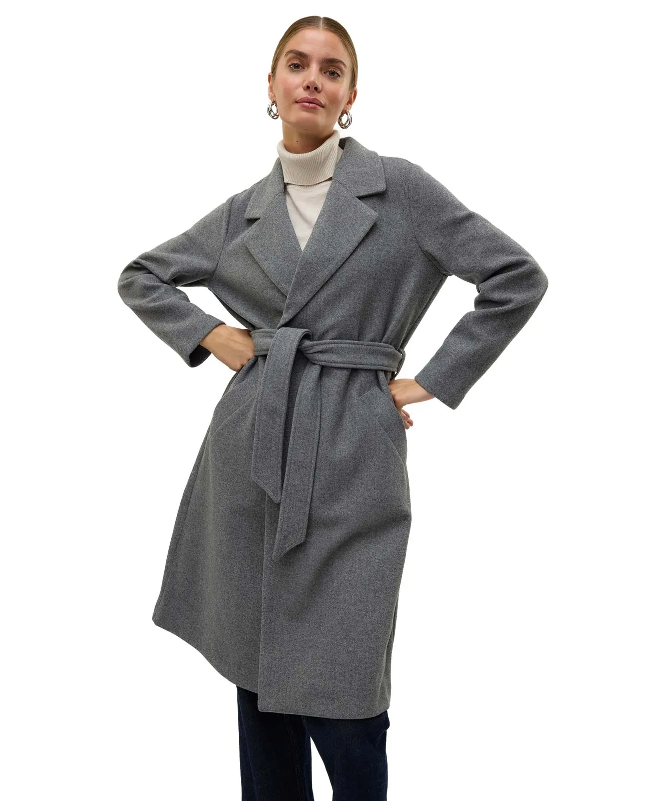 Vero Moda Mantel Fortuneaya Long Coat in Medium Grey Melange
