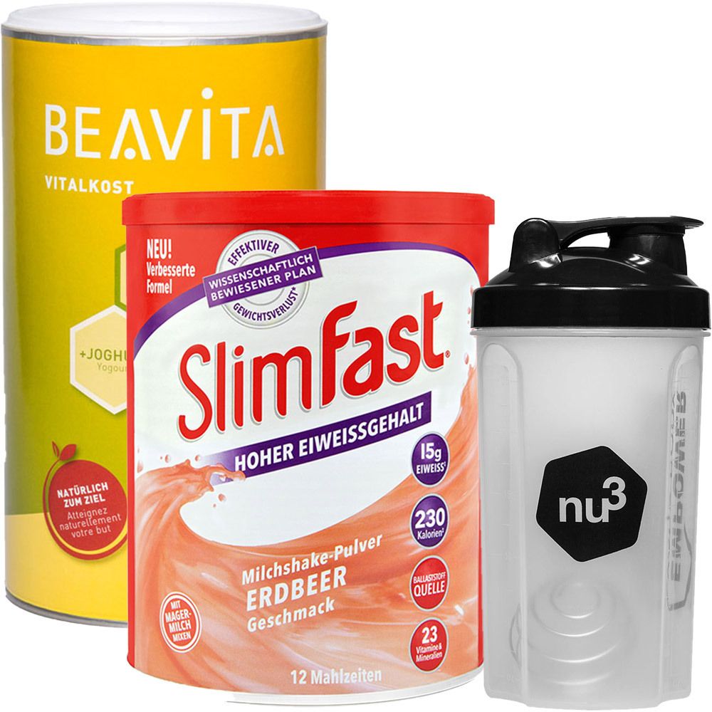 SlimFast Milkshake Fraise + BEAVITA Vitalkost Vanille + nu3 Shaker