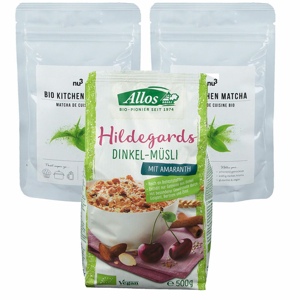 nu3 Bio Kitchen Matcha + Allos Hildegardis Dinkel-Müsli