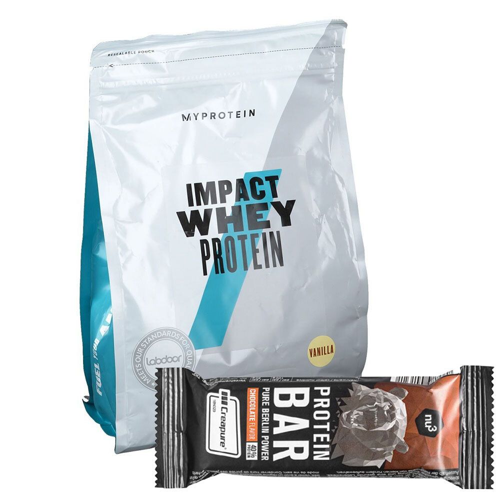 MyProtein Impact Whey Protein, Vanille, Pulver + nu3 Protein Bar 40 % Schokolade