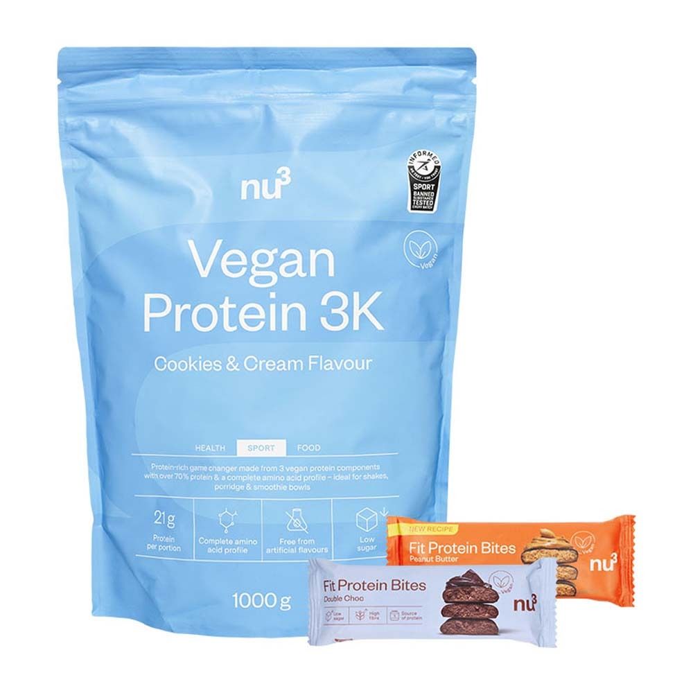 nu3 Vegan Protein 3K Shake, Cookies-Cream + Fit Protein Bites Double-Choc +Fit Protein Bites Peanut Butter